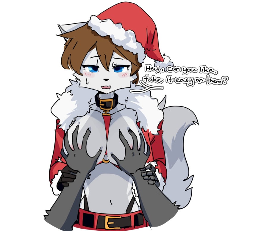 ambiguous_gender anthro belt blue_eyes blush blush_lines bodily_fluids breasts brown_hair canid canine choker christmas christmas_clothing christmas_headwear clothing dialogue duo exposed_breasts female furry_female gloves hair handwear headgear headwear hi_res holidays jewelry looking_at_viewer mammal midriff necklace offscreen_character prosthetic prosthetic_arm prosthetic_limb short_hair spar_lamarca sparxel sweat sweatdrop tail touching_breast