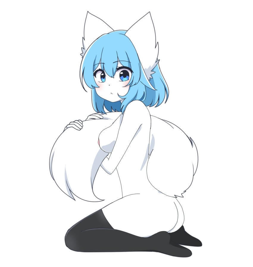 ass black_thighhighs blue_eyes blue_hair breasts edit nude tagme tail thighhighs thighhighs_only white_fur white_tail wolfychu youtube youtuber