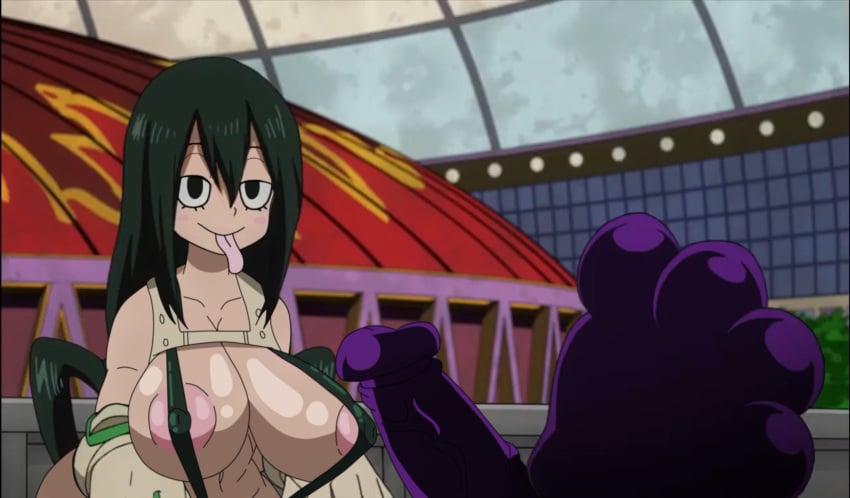 accurate_art_style bikini boner edit edited_official_artwork edited_screencap half_naked huge_breasts huge_cock minoru_mineta my_hero_academia nipples_visible_through_clothing notagoodguy1_(autor) purple_dick sling_bikini tongue_out tsuyu_asui useless_clothing