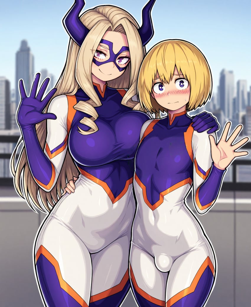 ai_generated armin_arlert assertive_female attack_on_titan blush bulge embarrassed femboy mount_lady my_hero_academia superhero superhero_costume superheroine taller_female taller_girl waving_at_viewer waving_hand