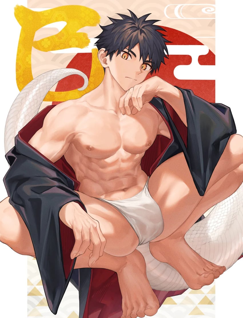 1boy abs ass_visible_through_thighs biceps big_areola big_bulge big_eyes black_hair bulge bulge_through_clothing collarbone crouching erect_nipples eyelashes feet fundoshi gay hand_on_chin hi_res humanoid japanese_clothes kanji looking_at_viewer looking_down male male_only manly mature_male muscles muscular muscular_arms muscular_legs muscular_male muscular_thighs navel nayoshi_(r-744) neutral_expression open_clothes orange_eyes original original_character pecs pointy_chin rokushaku_fundoshi scales shadow short_hair six_pack slit_pupils snake_humanoid snake_tail solo spread_legs squatting toes topless veiny_arms white_border white_fundoshi yaoi year_of_the_snake young