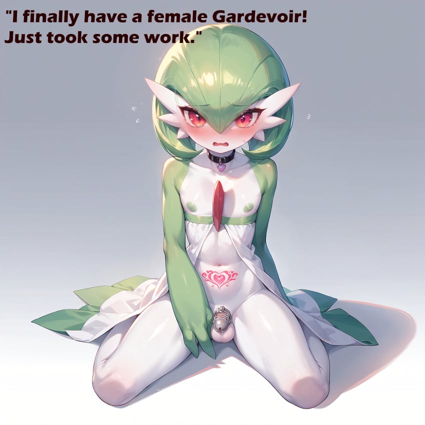 ai_generated belly_button blush chastity_cage collar embarrassed eyebrows_through_hair femboy feminization forced_feminization gardevoir girly green_hair green_nipples green_skin green_stockings heart_collar heart_tattoo latex_stockings male_gardevoir pokemon_(species) red_eyes slave_tattoo small_penis sweating text w-sitting white_balls white_skin word_bubble