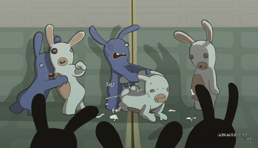 ambiguous_gender anal anthro ass bodily_fluids bronzebadger bruised cum cum_on_body cum_on_butt doggy_style duo ear_pull ears_back exhibitionism fight from_behind_position genital_fluids group hi_res lagomorph male male/male mammal onomatopoeia open_mouth orgasm orgasm_face pivoted_ears public public_sex rabbid rabbids_invasion_(series) raving_rabbids rayman_(series) rough_sex sex simple_background sound_effects sweat text thrusting ubisoft