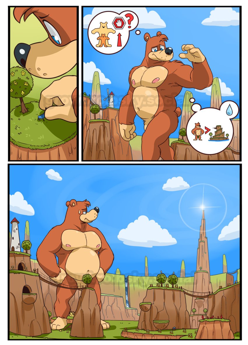 anthro banjo-kazooie banjo_(banjo-kazooie) bear belly blue_eyes brown_body brown_fur comic convenient_censorship eclipticafusion flaccid fur genitals growing hi_res macro male mammal nipples nude pecs penis rareware slightly_chubby solo