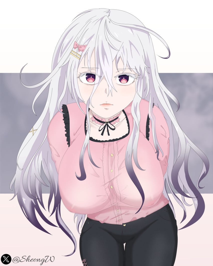 beast beast_(date_a_live) big_breasts big_breasts clavicle date_a_live datealive lips long_hair pale_skin purple_eyes sheong_wong visible_breath visible_nipples white_hair