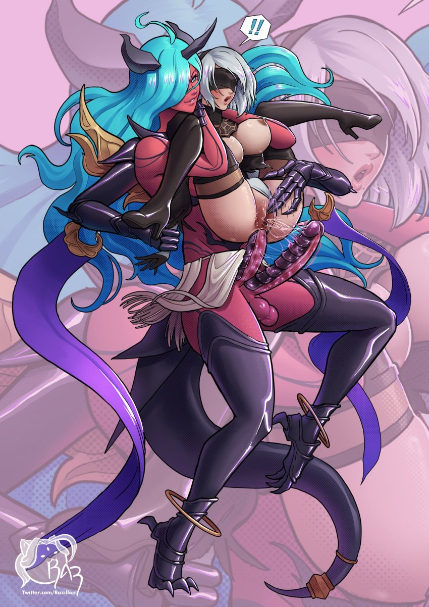 1futa 1girls 2_penises anal anal_orgasm artist_logo big_breasts big_penis blue_hair breasts crossover diphallia diphallism female fingering futa_on_female futanari granblue_fantasy granblue_fantasy_versus horns huge_cock large_breasts large_penis long_hair long_hair_female multi_genitalia multi_penis nier nier:_automata nier_(series) penis razillon red_skin squirting squirting_from_anal tail versusia_(granblue_fantasy) white_hair yorha_2b