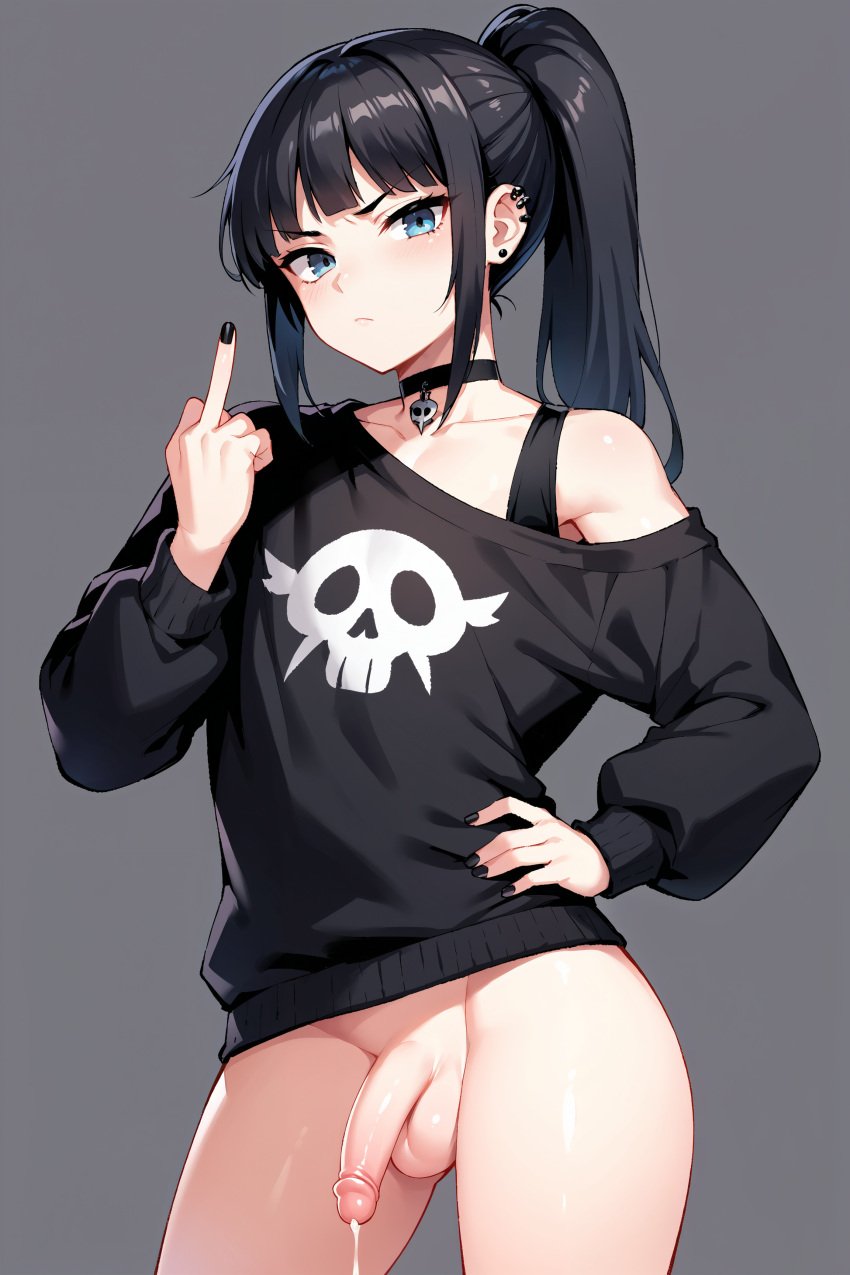 1boy annoyed black_hair blue_eyes choker cum cum_drip facing_viewer femboy girly hand_on_hip looking_at_viewer male male_only middle_finger penis ponytail