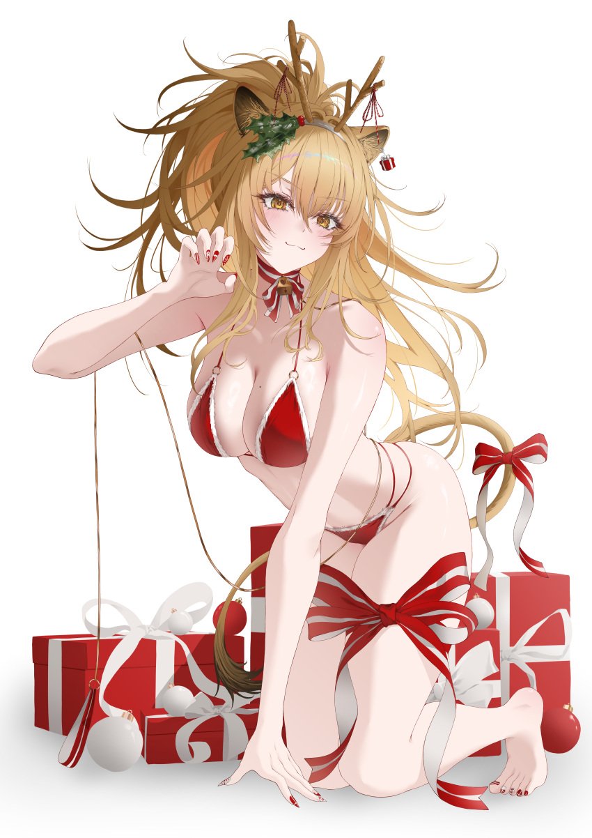 1girls animal_ears arknights bikini blonde_female blonde_hair blonde_hair blush cat_ears cat_girl cat_tail christmas dlnk kemonomimi kneeling light-skinned_female light_skin looking_at_viewer pose posing ribbon ribbon_bondage siege_(arknights) simple_background smile solo