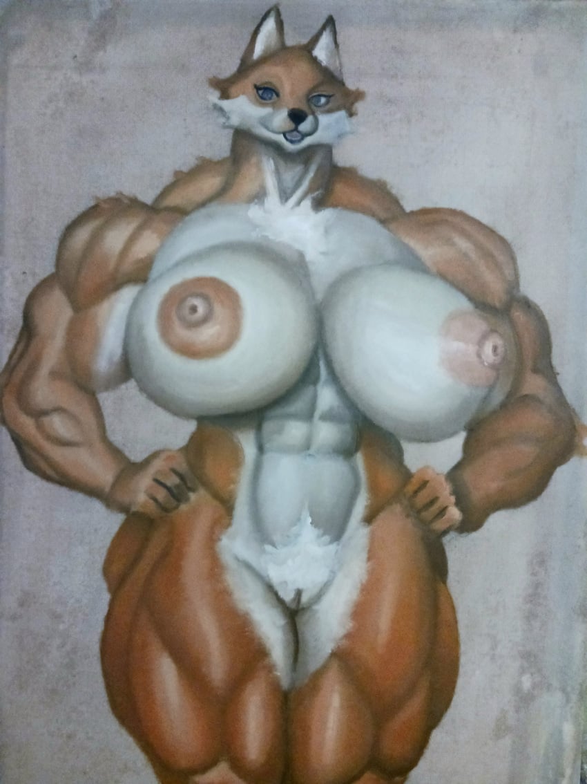 abs anthro big_breasts breasts canid canine dixxbedru female fox furry_female genitals hi_res huge_breasts mammal muscular muscular_anthro muscular_female oil_painting_(artwork) pubes pussy solo traditional_media_(artwork)