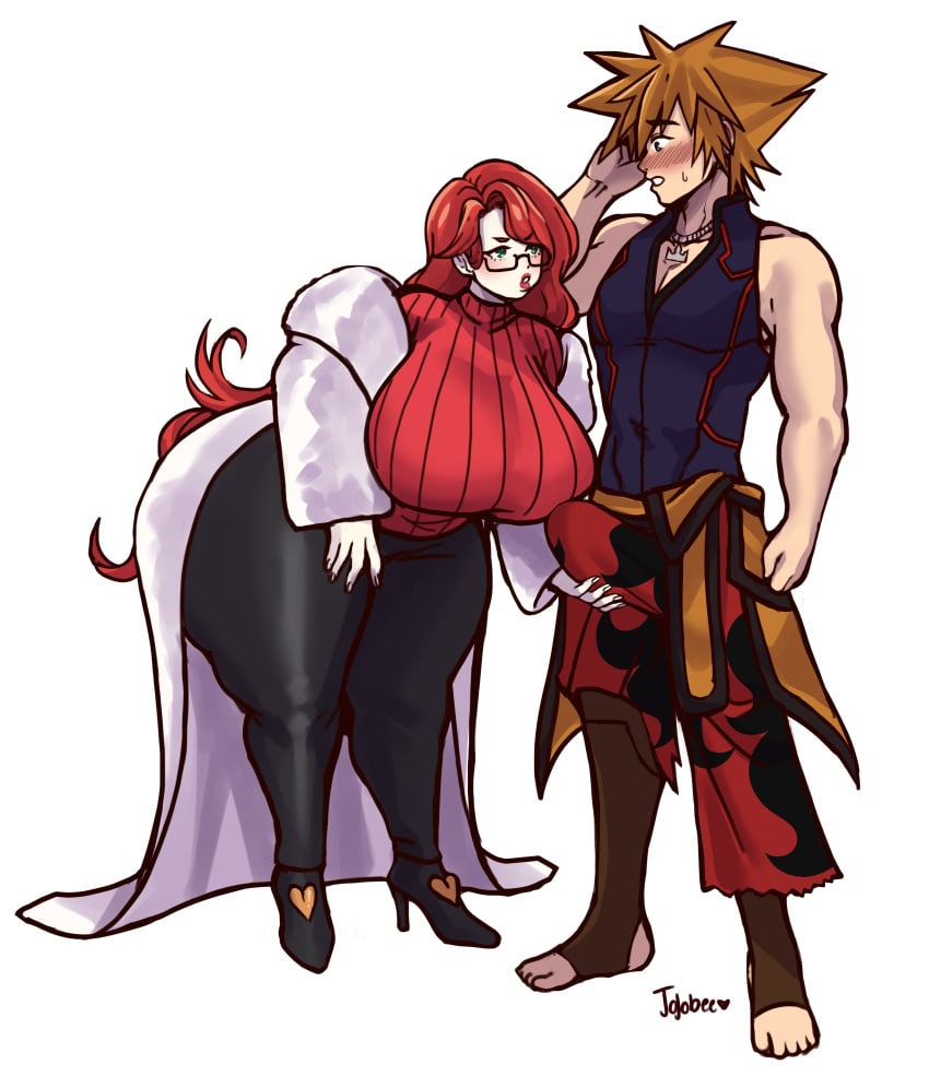 alternate_costume blush commission commissioner_upload crotch_grab erection_under_clothes femdom fur_coat glasses green_eyes groping_bulge huge_ass huge_breasts huge_cock jojoniumart kingdom_hearts nervous_sweat original_character red_hair shortstack sora sora_(kingdom_hearts) submissive_male sweater thick_thighs tight_pants wide_hips