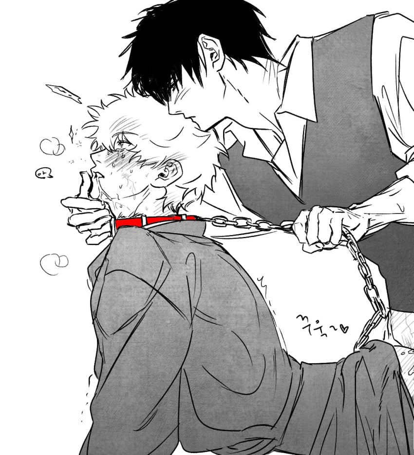 2boys anal anal_sex arched_back blush chain_leash chained chained_collar chains collar doggy_style drooling from_behind gay gintama gintoki_sakata gtk4_r4 hijikata_toshiro implied_anal leash male male_only no_visible_genitalia profile side_view spot_color sweat tears yaoi