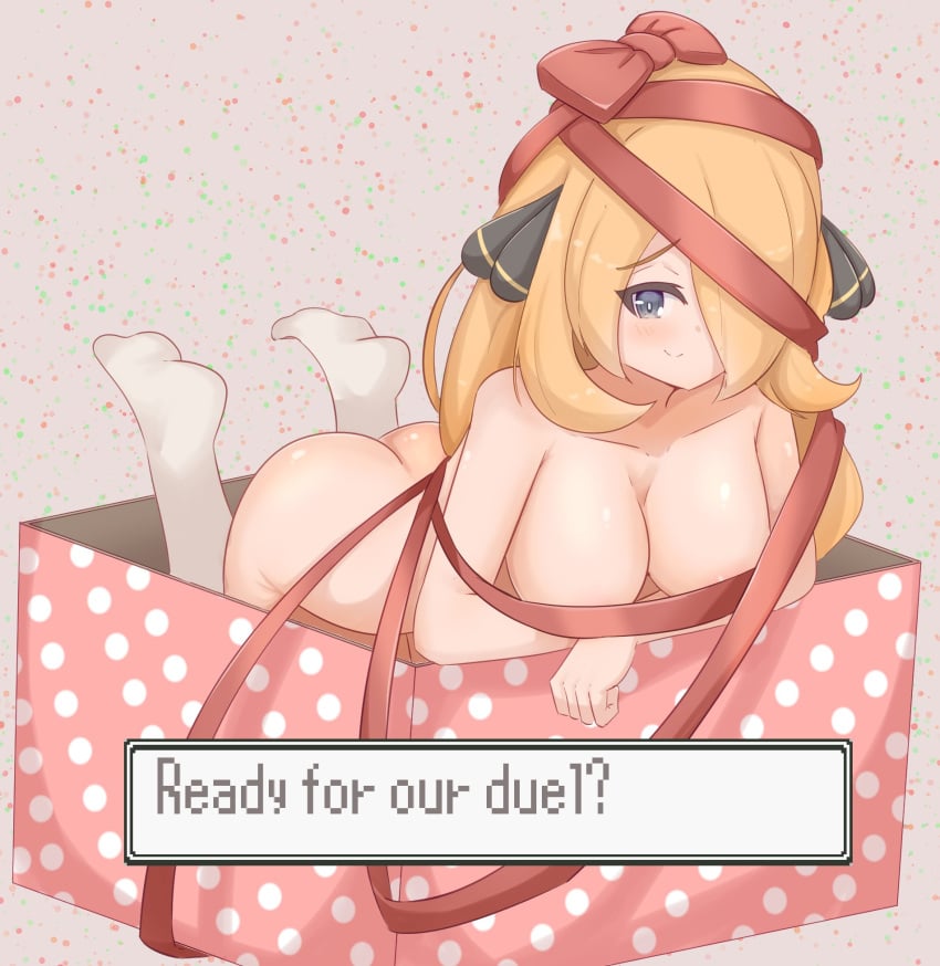 1girls accessory ass big_breasts blonde_hair blue_eyes box breasts busty covered_nipples cynthia_(pokemon) dialogue dialogue_box english_text female footwear footwear_only functionally_nude game_freak gift_box gift_wrapped hair_accessory hair_ornament hair_over_one_eye human large_breasts light-skinned_female light_skin long_hair looking_at_viewer mostly_nude naked_footwear naked_socks nintendo nude one_eye_covered one_eye_obstructed pok&eacute;mon pokemon pokemon_dppt pokemon_trainer ribbon smile smiling_at_viewer socks socks_only solo solo_female talking_to_viewer text text_box theartistaurora white_clothing white_socks wrapped