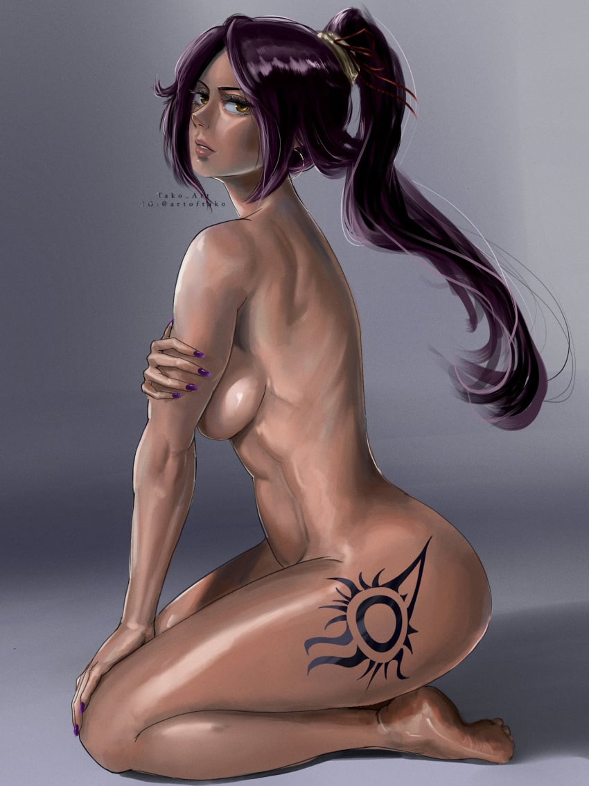 ass bleach busty completely_nude covering_breasts curvy dark-skinned_female dark_skin kneeling long_hair nude ponytail shihouin_yoruichi side_profile side_view sideboob sitting tako_art tattoo thick_thighs