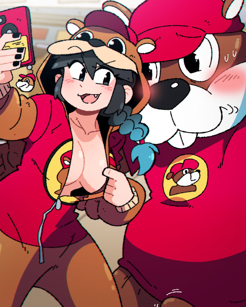 1boy 1girls blush breasts bucees cleavage female hat lucia_(scott_malin) male original original_character phone scott_malin tagme