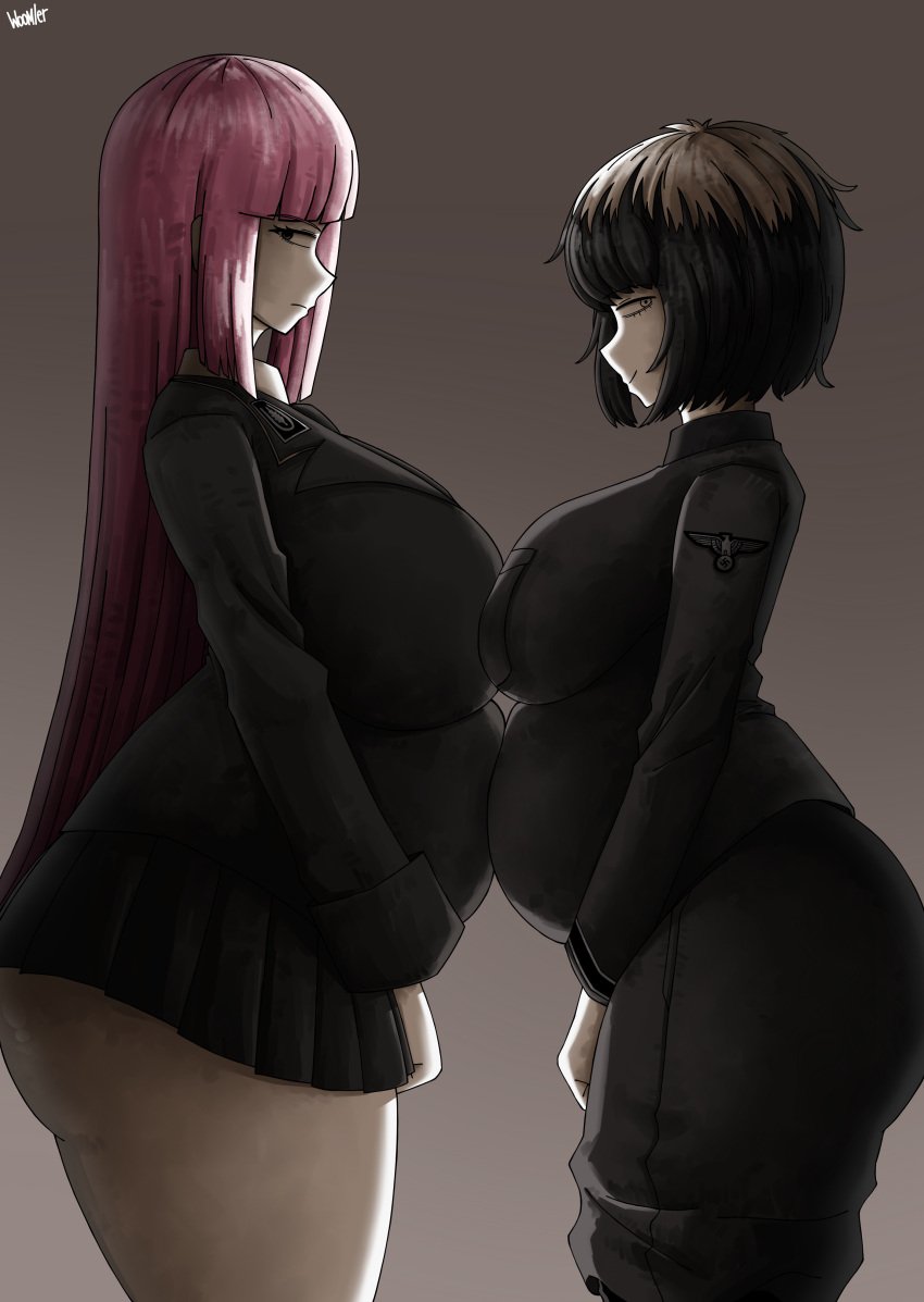 2girls artist_name black_hair breasts clothing grey_eyes hyper_breasts kamiyama_fuyumi long_hair military_uniform nazi pink_hair pregnant sakura_kawakami short_hair side_view sideboob simple_background white_hair white_skin woomler