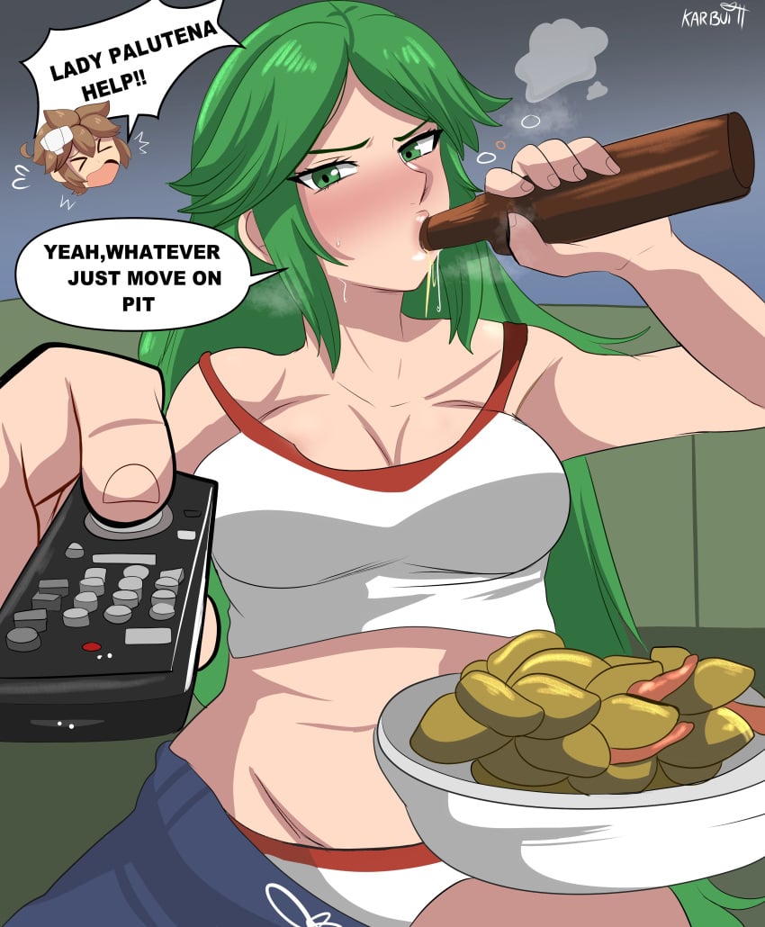 1boy 1girls alcohol artist_name beer beer_bottle big_breasts blush bottle bowl breasts brown_hair cleavage drinking drinking_bottle english_text food green_eyes green_hair guy_sipping_beer_stock_image karbuitt kid_icarus kid_icarus_uprising lady_palutena large_breasts long_hair meme navel nintendo palutena panties pants pants_pull pit_(kid_icarus) really_long_hair remote speech_bubble sweatpants text text_bubble tv_remote underwear