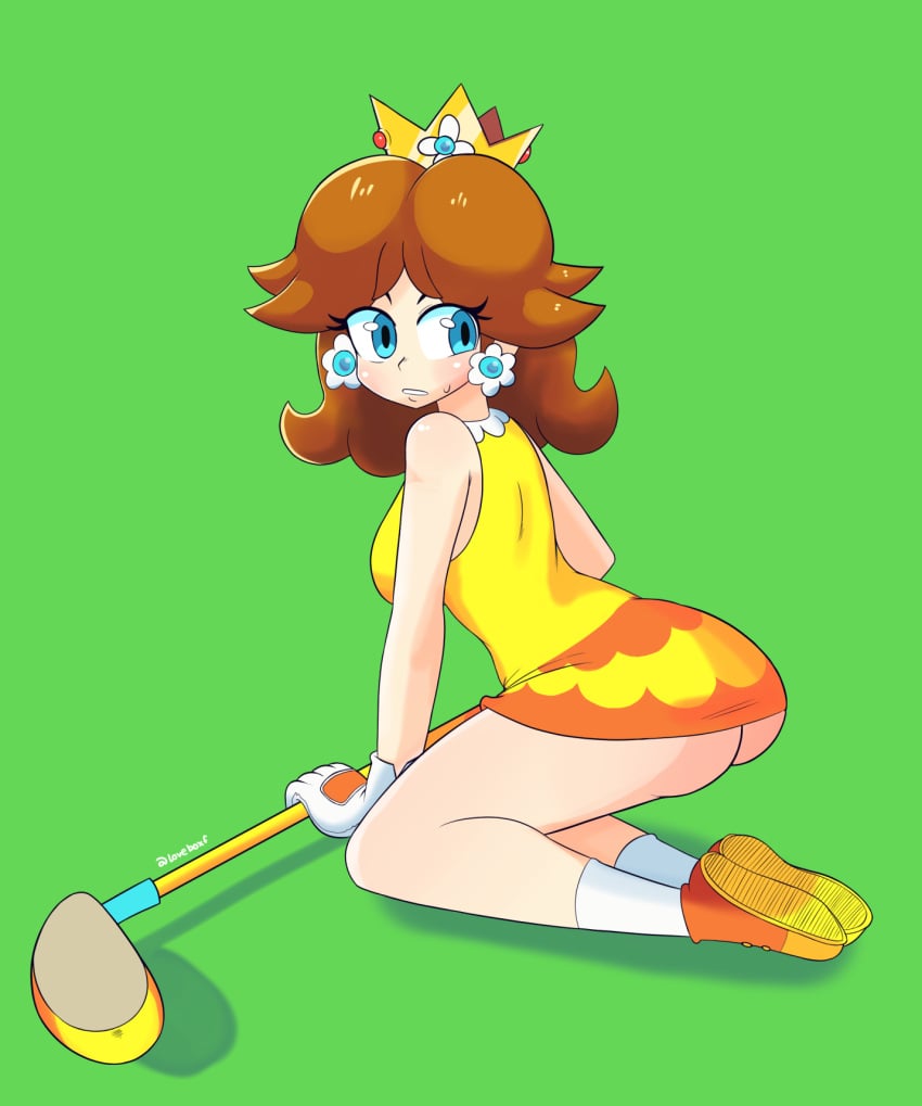 1girls ass brown_hair dress female flashing_ass golf_club light_skin mario_(series) mario_golf princess_daisy upskirt