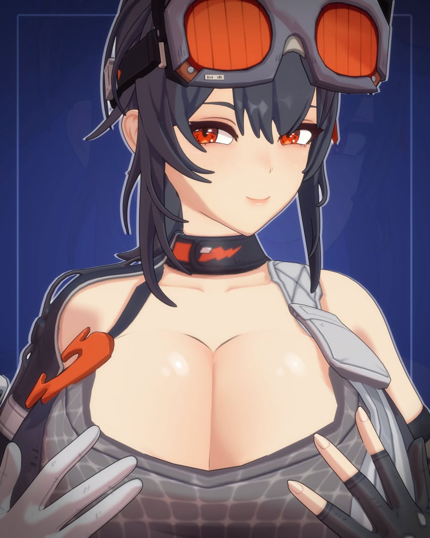 1girls 3d big_breasts black_hair breasts busty cleavage clothing female female_only goggles goggles_on_head grace_howard huge_breasts large_breasts looking_at_viewer png sala3d solo zenless_zone_zero