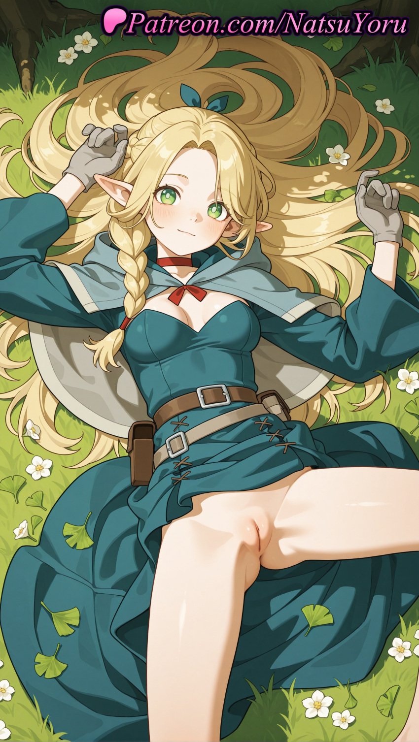 1girls ai_generated anime anime_style belt belt_pouch blonde_hair blue_capelet blue_dress blush braid breasts brown_belt bust busty capelet choker cleavage cleft_of_venus closed_mouth clothes_lift delicious_in_dungeon dress dress_lift dungeon_meshi elf elf_ears feet_out_of_frame female_focus female_only female_solo flower from_above gloves grass green_dress green_eyes grey_capelet grey_gloves hair_ribbon hair_spread_out hentai hi_res high_quality high_resolution highres hood hood_down hooded_capelet labia_majora leaf long_hair long_sleeves looking_at_viewer lying marcille_donato medium_breasts natsuyoru no_panties non-asian nopan on_back on_grass outdoors paipan parted_bangs patreon pointed_ears pointy_ears pouch pussy red_choker ribbon side_braid small_breasts smile solo solo_female spread_legs uncensored vagina voluptuous voluptuous_female white_flower