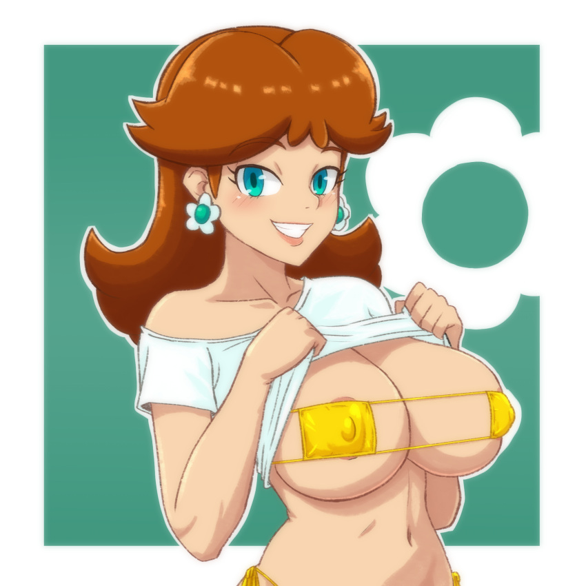 1girls big_breasts bra breasts gomi_draws light-skinned_female light_skin mario_(series) princess_daisy smile teasing white_t-shirt