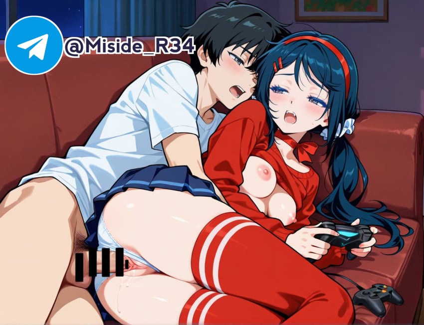 blue_skirt censored dick miside mita_(miside) panties_aside player_(miside) red_shirt red_stockings skirt spooning stockings upskirt video_games white_panties