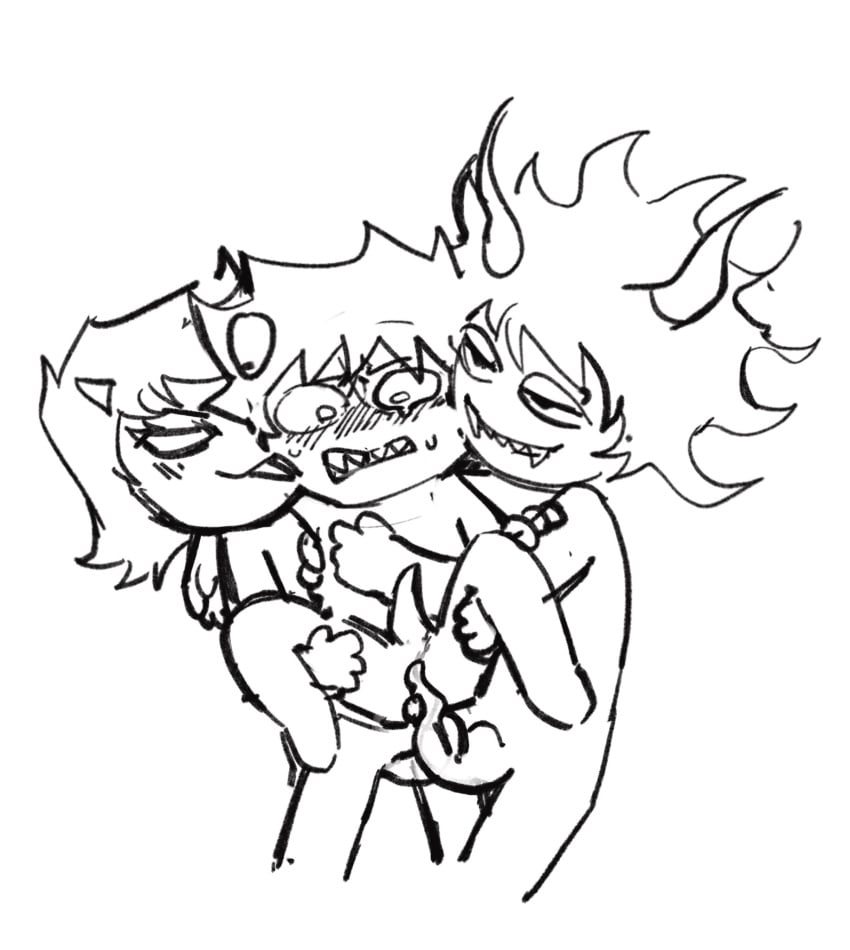 1girls 2boys alien alien_genitalia alien_humanoid blush_lines crying_with_eyes_open gamzee_makara homestuck homestuck_troll horns karkat_vantas nervous no_color sandwich_position sandwiched sticking_out_tongue terezi_pyrope threesome