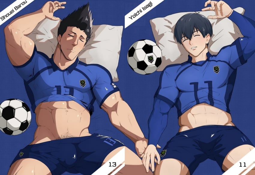 2boys bara barosagi blue_lock bris butyrum_bimbo exposed_stomach gay holding_hands isabaro isagi_yoichi isbr musuclar shoei_baro soccer_player soccer_uniform stomach thighs yaoi