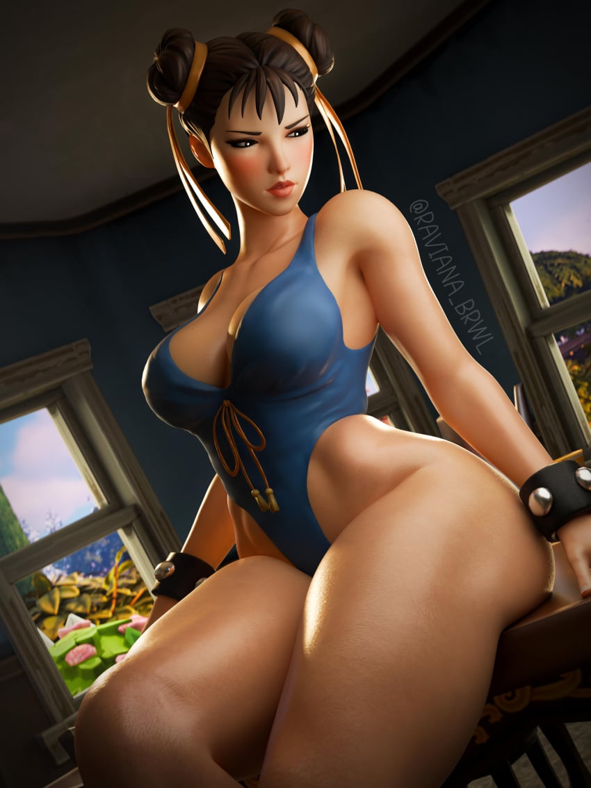 1girls 3d blush blush bracelet bracelets brown_hair chun-li chun-li_(fortnite) cleavage clothed curvy female female female_only fortnite fortnite:_battle_royale hair_ornament hair_ribbon light-skinned_female light_skin one-piece_swimsuit raviana_brwl sitting solo solo_female street_fighter swimsuit tagme thick_thighs thighs