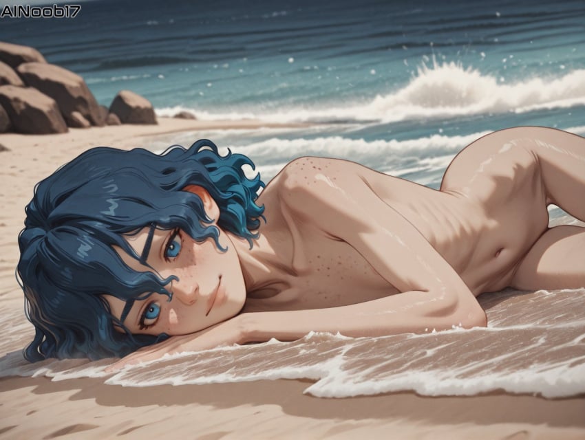 1girls ai_generated ainoob17 berserk blue_eyes blue_hair freckles isma light_skin lying nude nude_female short_hair skinny slim_girl solo_female stable_diffusion