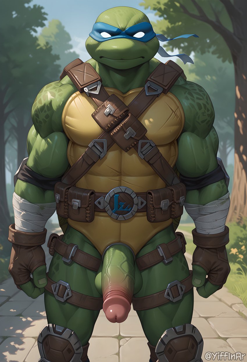 3_fingers absurd_res ai_generated anthro arm_wraps belt biceps blue_mask brown_gloves elbow_pads empty_eyes eye_mask fingerless_gloves green_balls green_body green_penis green_skin harness hi_res knee_pads leonardo_(tmnt) looking_at_viewer male male_only muscular muscular_male park red_glans reptile scalie solo teenage_mutant_ninja_turtles teenage_mutant_ninja_turtles_(fortnite) thick_penis tree turtle white_eyes yiffinar