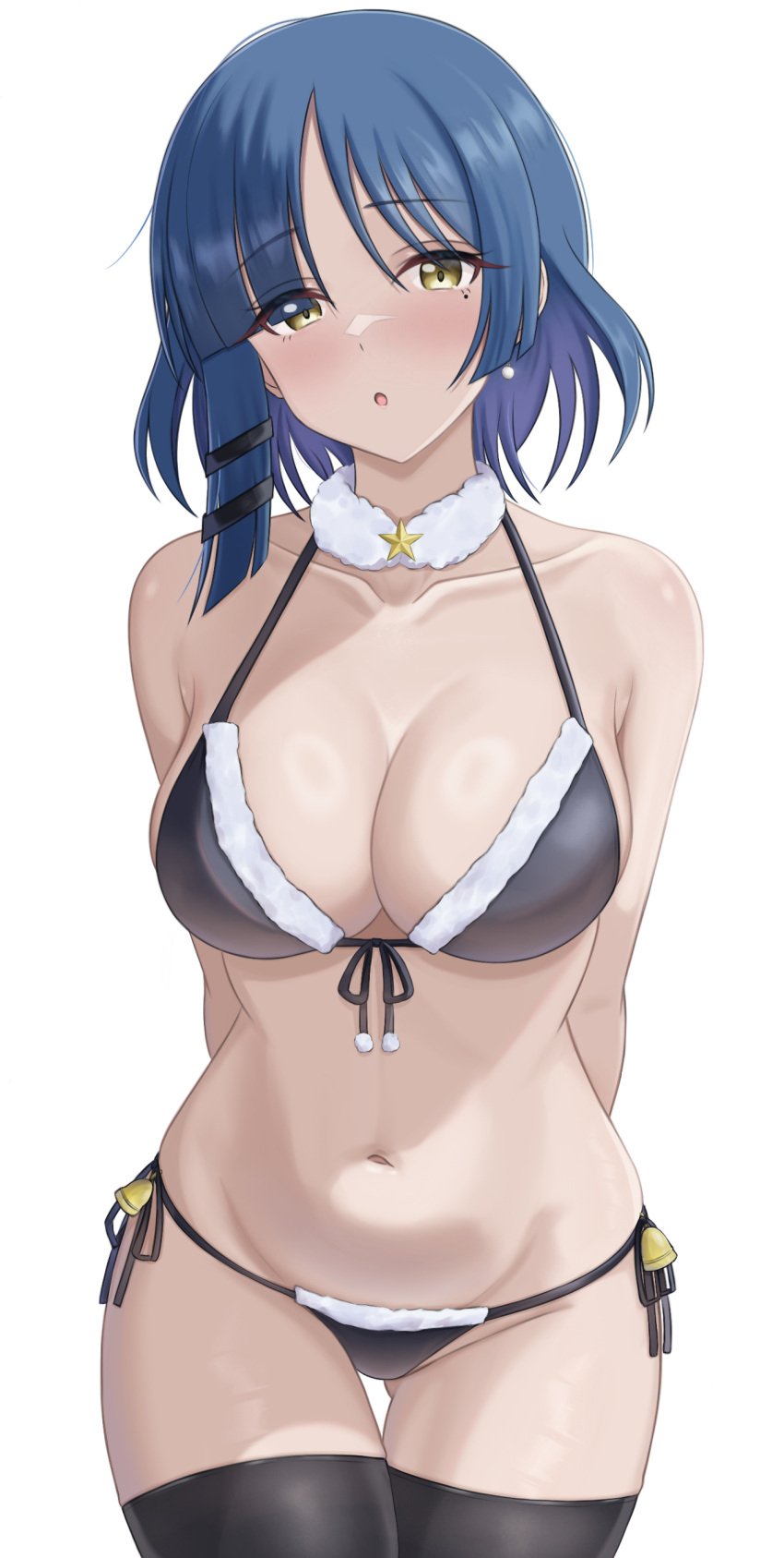 1girls absurdres arm_behind_back arms_behind_back belly_bulge bikini bikini_bottom bikini_only bikini_top black_bikini black_legwear black_thighhighs blue_hair blush bocchi_the_rock! breasts cleavage collarbone curvy dot_nose ear_piercing eyebrows_visible_through_hair female female_only front-tie_bikini front-tie_bikini_top hairclip hands_behind_back head_tilt highres hourglass_figure kneesocks large_breasts legwear light-skinned_female light_skin looking_at_viewer makise_(mix020511) midriff mole mole_under_eye navel open_mouth side-tie_bikini simple_background solo standing teenage_girl teenager thick_thighs thigh_gap thighhighs white_background yamada_ryou yellow_eyes