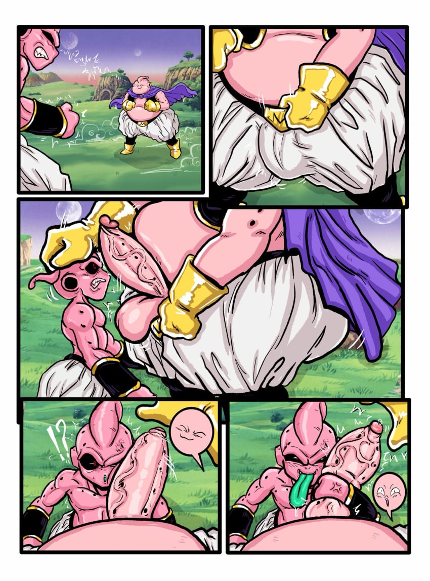 2boys big_penis comic dragon_ball dragon_ball_z gay gay_blowjob gay_sex green_tongue kid_buu kojoarts majin_buu pink_body red_eyes