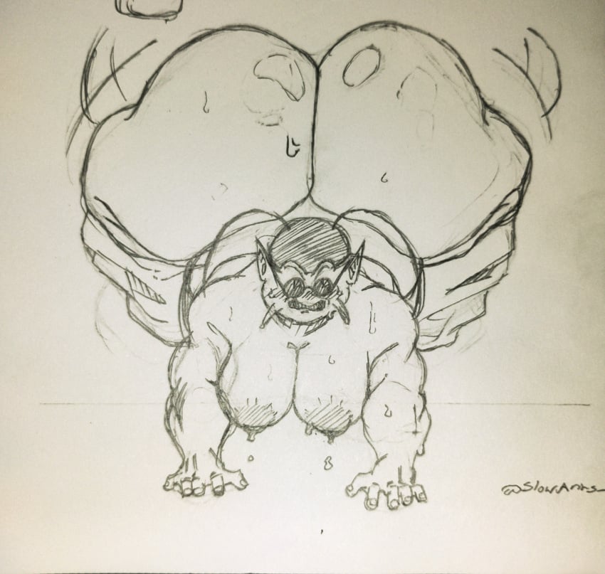 1boy 1male ass ass_focus big_ass big_breasts big_butt busty_boy chubby chubby_male dragon_ball hat huge_ass king_kai male male_only more_at_source signature slowarts sweat sweatdrop sweating tagme top_view traditional_media_(artwork)