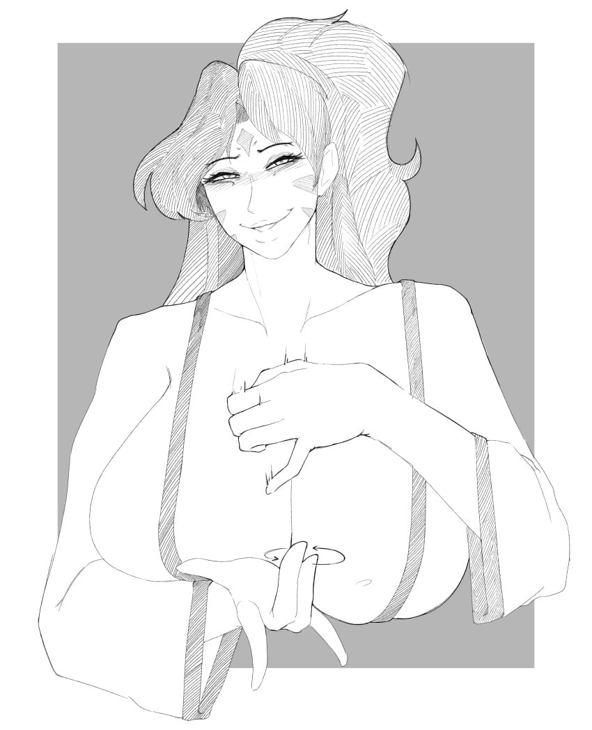 akiyama_sosa big_breasts blush cleavage female female_only handjob_gesture long_hair looking_at_viewer monochrome smiling smoxul