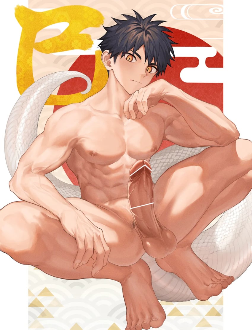 1boy abs ass_visible_through_thighs balls biceps big_areola big_balls big_eyes big_penis black_hair blush censor_bar censored censored_penis collarbone complete completely_nude crouching erect_nipples erection eyelashes feet foreskin_folds frenulum gay hand_on_chin hi_res huge_cock humanoid kanji looking_at_viewer looking_down male male_only manly mature_male muscles muscular muscular_arms muscular_legs muscular_male muscular_thighs navel nayoshi_(r-744) neutral_expression orange_eyes original original_character pecs penis pointless_censoring pointy_chin pubic_hair scales shadow short_hair six_pack slit_pupils snake_humanoid snake_tail solo spread_legs squatting thick_penis toes veiny_arms veiny_belly veiny_penis white_border yaoi year_of_the_snake young