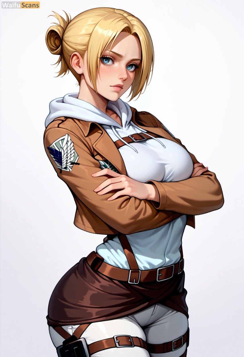 ai_generated annie_leonhardt artist_name attack_on_titan bangs belt blonde_hair blue_eyes blush breasts brown_jacket buckle closed_mouth cowboy_shot crossed_arms emblem female high_resolution highres hood hood_down hoodie jacket large_breasts lips long_sleeves looking_at_viewer open_clothes open_jacket pants paradis_military_uniform parted_bangs short_hair simple_background solo stable_diffusion thigh_strap uniform waifuscans418 white_background white_hoodie white_pants