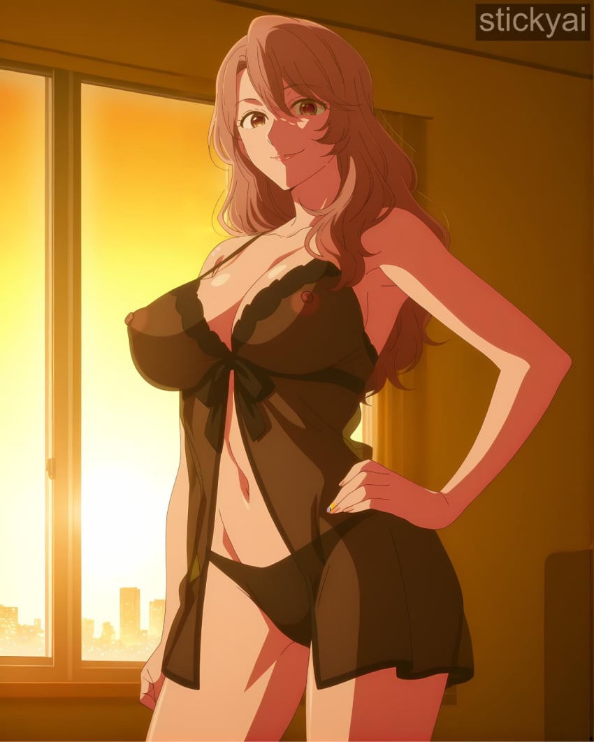 ai_generated anime_style babydoll bedroom brown_hair female female_only hand_on_hip lingerie oshi_no_ko saitou_miyako stickyai sunset