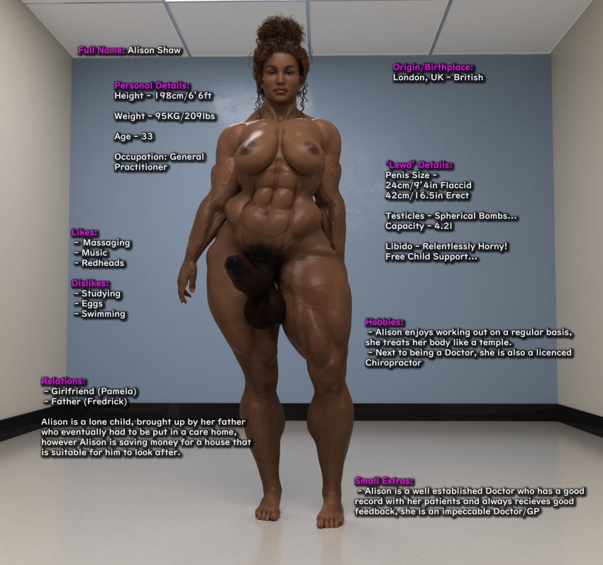 1futa 3d abs alison_(blankken) blankken breasts character_sheet dark-skinned_futanari dark_penis futanari hairy_balls huge_cock macro_futa muscular muscular_futanari muscular_legs pubic_hair solo taller_futanari testicles