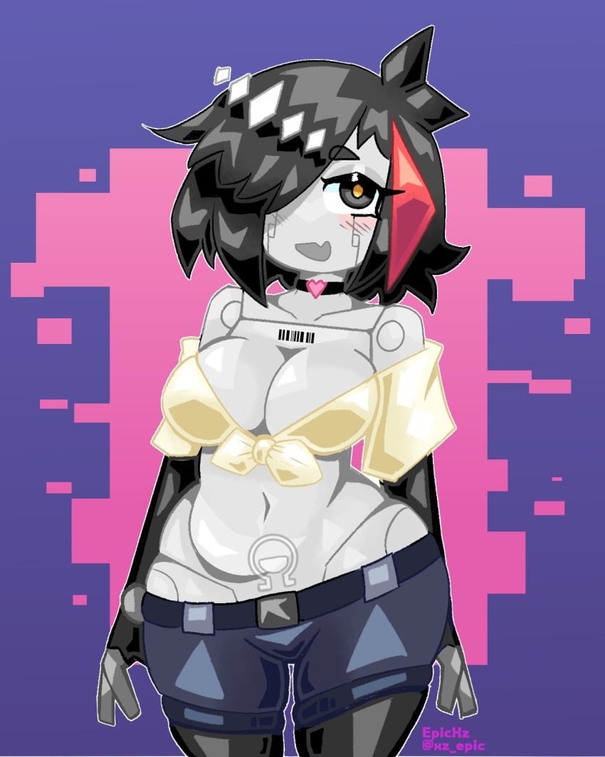 1girl 1girls barcode black_hair blush choker heart_choker jun_(mdrg) my_dystopian_robot_girlfriend open_smile pubic_tattoo robot robot_girl robot_humanoid short_jeans smile solo solo_female solo_focus tied_shirt xz_epic