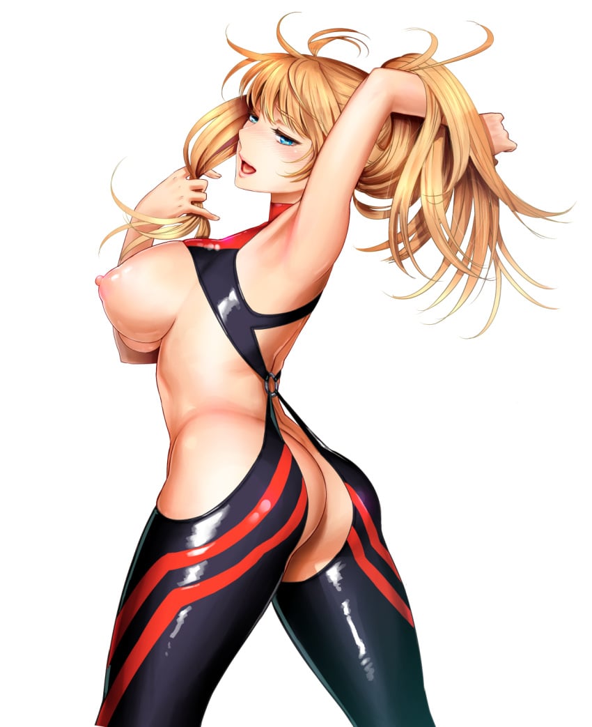 1girls arm_up armpits ass bare_arms bare_shoulders blonde_hair blue_eyes blush bodysuit breasts butt_crack cowboy_shot curvy female_focus from_side half-closed_eyes hand_in_own_hair hand_up highres hip_focus large_breasts legs lips long_hair looking_at_viewer looking_back miyabi_(miyabi_r18) nipples nose_blush o-ring open_mouth original pose simple_background smile solo tsurime turtleneck white_background wide_hips