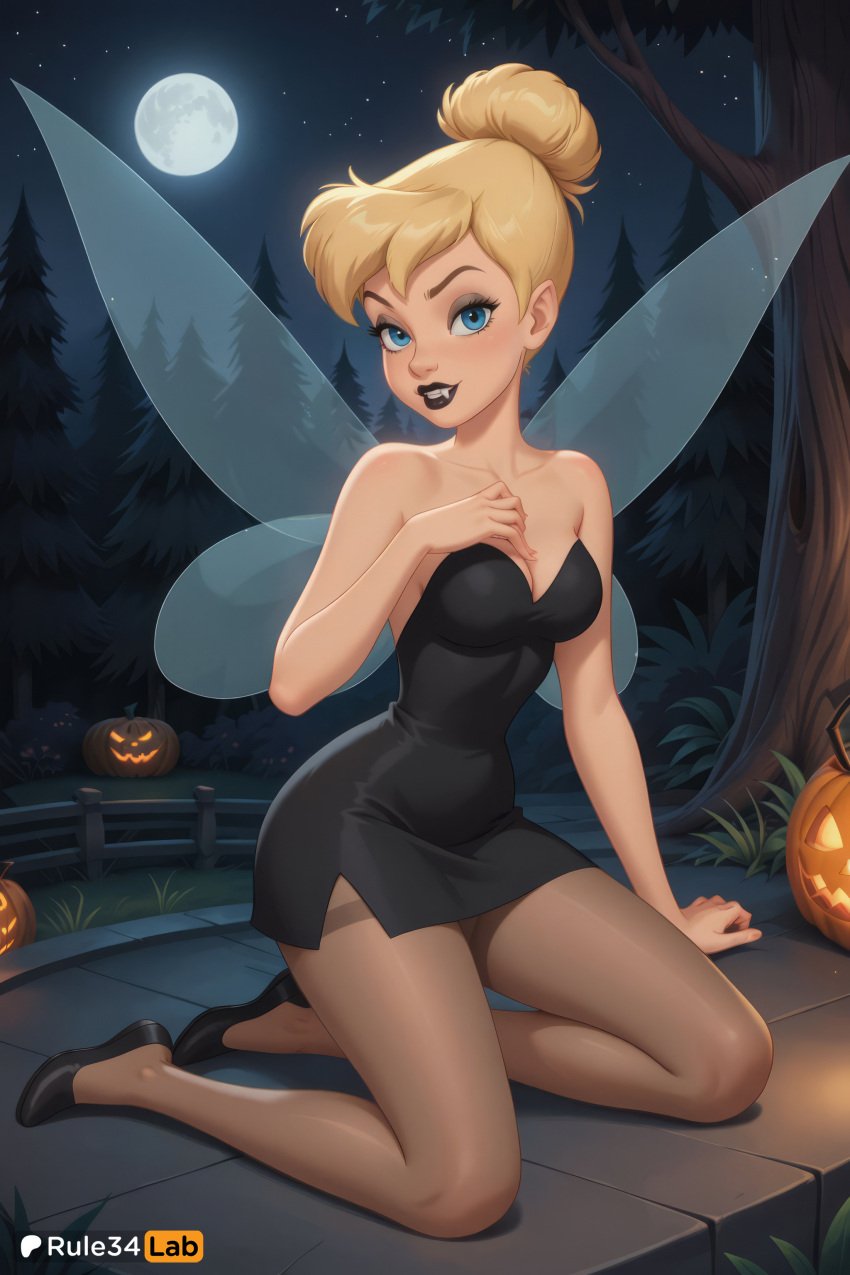 1girls ai_generated artist_name bare_shoulders black_dress black_footwear black_lips blonde_hair blue_eyes breasts brown_pantyhose cleavage collarbone disney dress fairy fairy_wings forest full_body full_moon hair_bun halloween hand_on_own_chest hi_res high_heels jack-o&#039;-lantern lipstick looking_at_viewer makeup medium_breasts moon night night_sky outdoors pantyhose peter_pan_(disney) ponytail pumpkin rule34lab short_dress short_hair single_hair_bun sitting sky solo star_\(sky\) starry_sky strapless strapless_dress thighband_pantyhose tinker_bell tree watermark wings yokozuwari