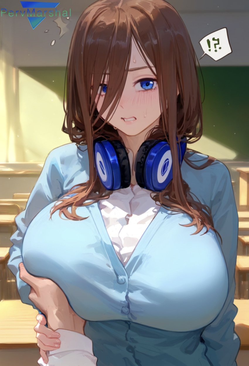 1girls ai_generated big_breasts blue_eyes brown_hair classroom curvy curvy_body curvy_female curvy_figure female go-toubun_no_hanayome grabbing grabbing_breasts headphones headphones_around_neck huge_breasts indoors large_breasts marshalperv nakano_miku pervmarshal school school_uniform schoolgirl sweat tagme tagme_(character) upper_body watermark