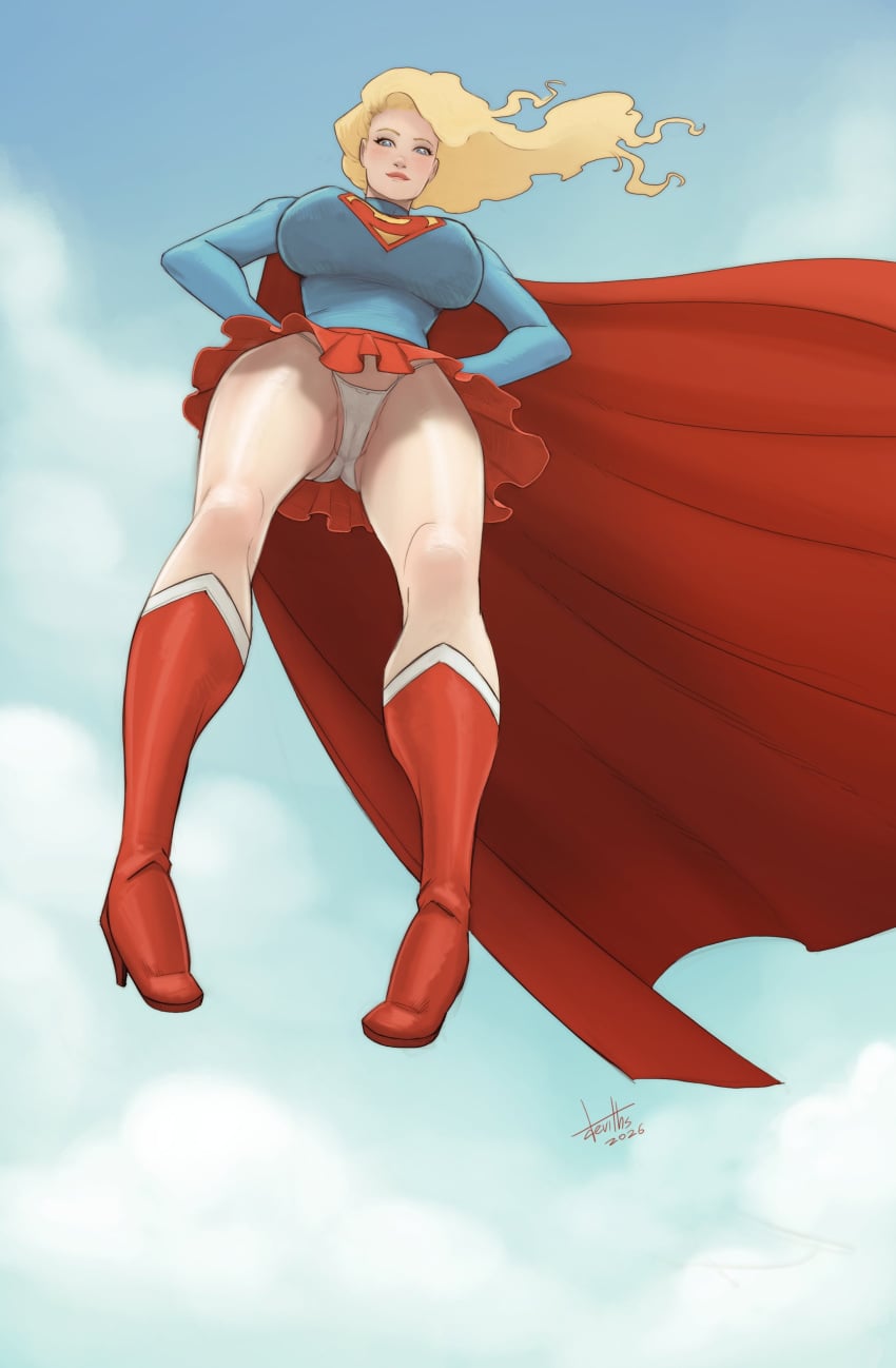 1girls 2026 2d ass bare_legs blonde_hair blue_eyes boots bubble_butt busty cameltoe cape dc dc_comics devil_hs female female_focus female_only flying full_body hourglass_figure long_hair low-angle_view miniskirt panties skirt supergirl superman_(series) sweater tagme upskirt wide_hips
