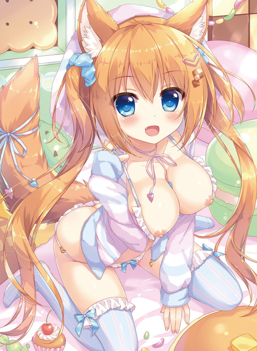 :d ameto_yuki animal_ears areolae bangs bed_sheet between_breasts between_legs blue_bow blue_eyes blush bow bow_legwear bow_panties bra breasts cat_ears cat_girl cat_tail clothes_between_breasts collarbone cute_fang dengeki_moeou eyebrows_visible_through_hair female frilled_bra frilled_panties frills from_above hair_between_eyes hair_ornament hair_scrunchie hairclip hand_between_legs hand_up highres indoors large_breasts long_hair long_sleeves looking_at_viewer nail_polish neck_ribbon nipples on_bed open_clothes open_mouth open_shirt orange_hair original panties pillow pink_nails pink_ribbon ribbon scrunchie shirt sitting sitting_on_bed sleeves_past_wrists smile solo striped striped_legwear tail tail_ribbon thighhighs tied_hair twintails underwear underwear_only vertical-striped_legwear vertical_stripes very_long_hair wariza