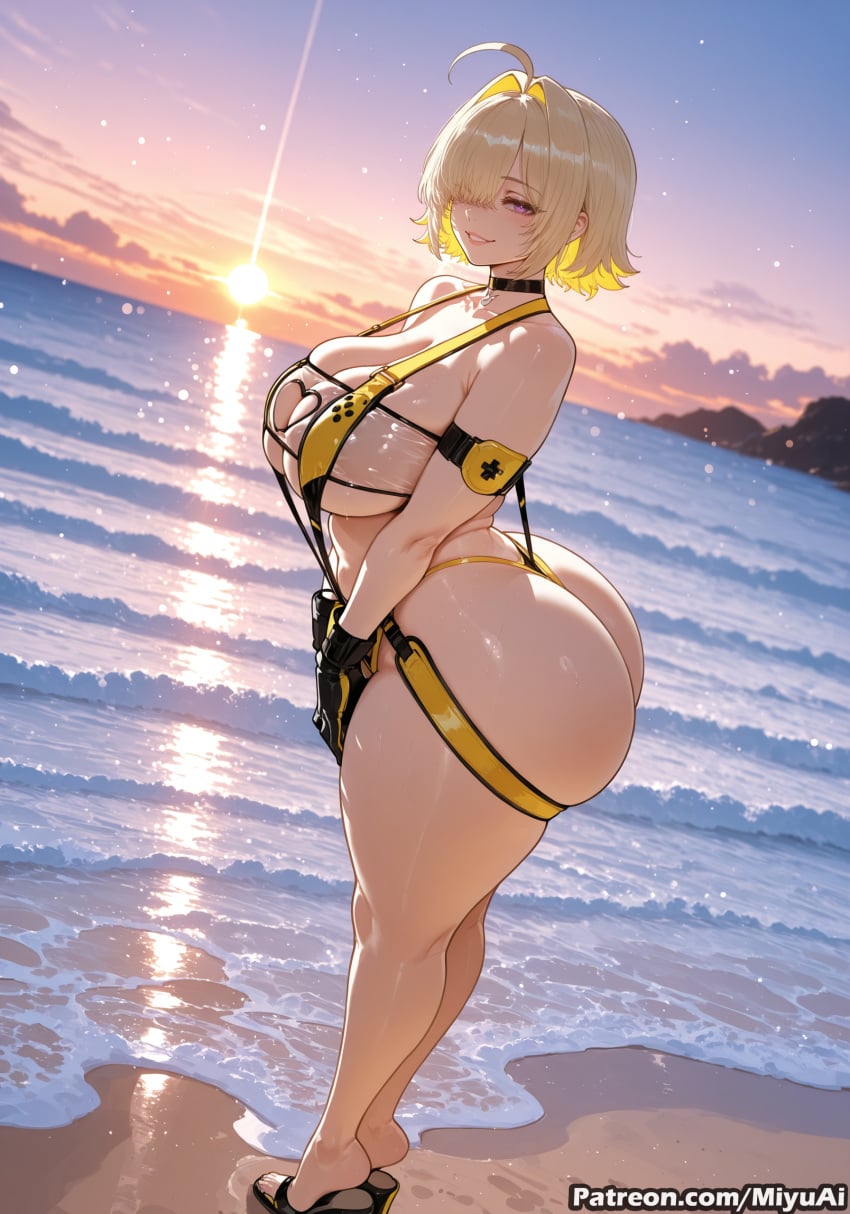 elegg_(nikke) elegg_(boom_and_shock)_(nikke) beach goddess_of_victory:_nikke miyuai ai_generated ai_assisted thick_thighs thick_ass thick thick_legs thick_hips thick_butt wide_hips wide_thighs voluptuous voluptuous_female curvy curvy_figure curvaceous curvy_female female breasts 1girl ocean ass swimsuit short_hair thighs ahoge blonde_hair sunset solo smile looking_at_viewer purple_eyes water bangs huge_breasts shore gloves bikini parted_lips sky rating:questionable blush sandals rating:safe yellow_bikini thigh_strap high_heels bare_shoulders