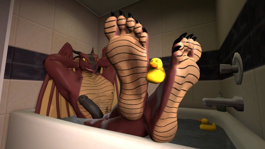 2017 3d 5_toes bath bathroom bathtub black_claws claws dragon erection feet foot_focus hands_behind_head horn male male_only nipples penis plantigrade red_skin rubber_duck smile soles solo source_filmmaker teeth toe_claws toes ty_(zp92) water zp92