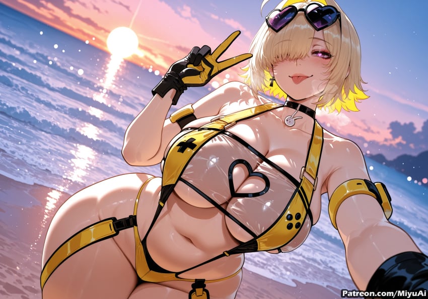 elegg_(nikke) elegg_(boom_and_shock)_(nikke) beach goddess_of_victory:_nikke miyuai ai_generated ai_assisted thick_thighs thick_ass thick thick_legs thick_hips thick_butt wide_hips wide_thighs voluptuous voluptuous_female curvy curvy_figure curvaceous curvy_female female breasts 1girl tongue short_hair tongue_out ocean gloves eyewear_on_head navel large_breasts cleavage heart arm_strap sunglasses armband bangs blonde_hair water black_gloves looking_at_viewer sky collarbone purple_eyes swimsuit shore solo smile choker thigh_strap v skindentation yellow_bikini ahoge bikini outdoors sunset cloud armlet blush sun hair_over_one_eye thighs rating:questionable