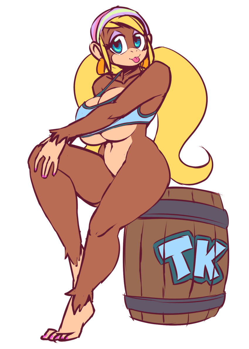 1girls :3 anthrofied barrel big_breasts bottomless breasts clothed clothing donkey_kong_(series) female female_only furry huge_breasts mammal monkey monkey_girl nintendo nitro nude primate solo tiny_kong twintails underboob video_games white_background