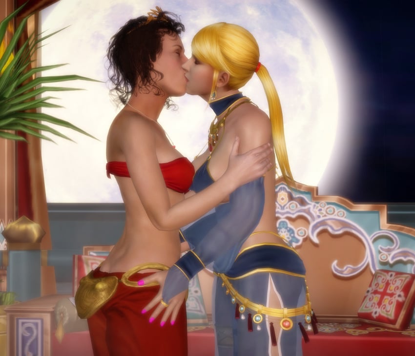 2girls 3d alien_(franchise) alien_(movie) arabian arabian_clothes blonde_hair brown_hair brunette closed_eyes crossover crown eastern_and_western_character ellen_ripley harem_outfit jc-starstorm kissing lesbian metroid moon night nintendo ponytail samus_aran