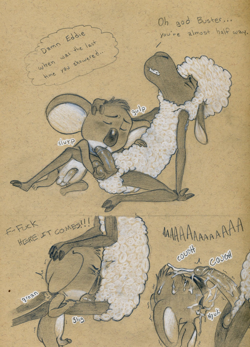 anthro ball_fondling balls buster_moon caprine duo eddie_noodleman fellatio fondling furry koala male mammal marsupial oral penis sex sheep sing_(movie) tush yaoi